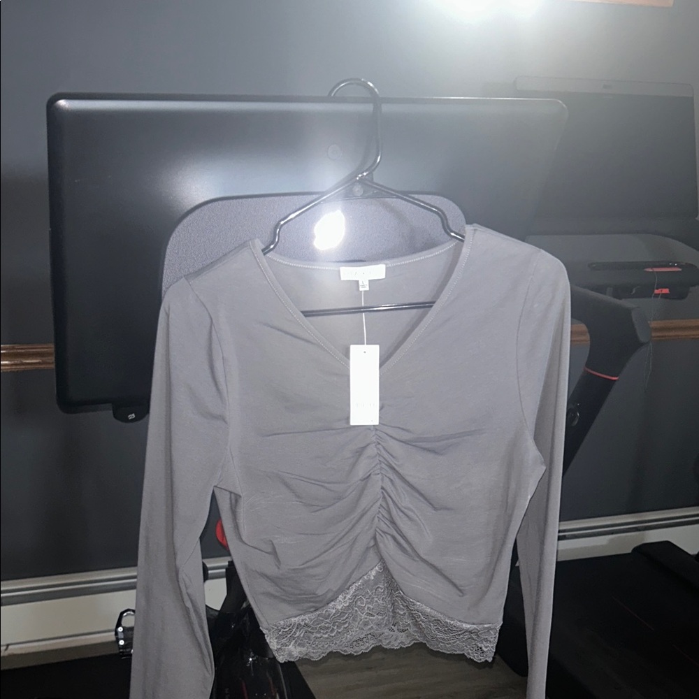 Buckle Gray Long Sleeve Top with Lace Hem